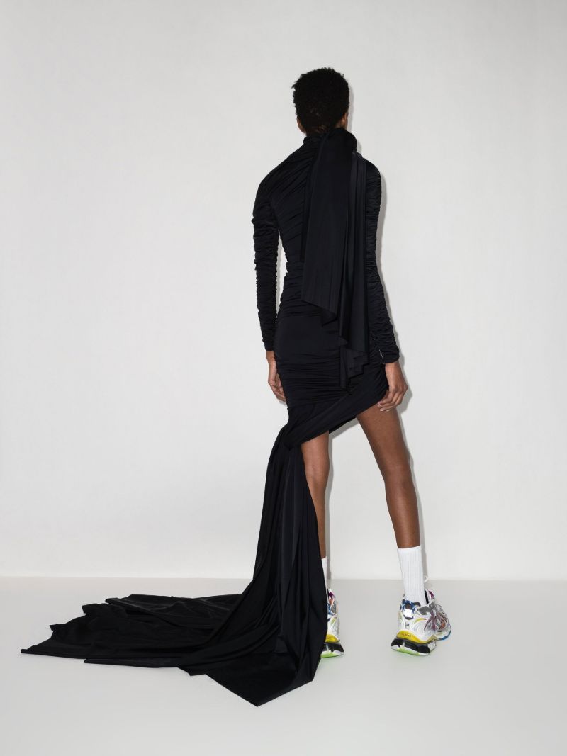 Black Twisted Knots Long Sleeve Ruched Dress