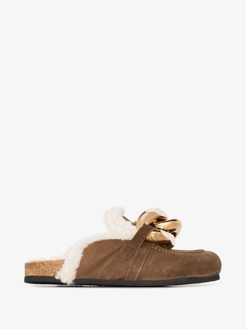 Brown Chain Shearling Mules