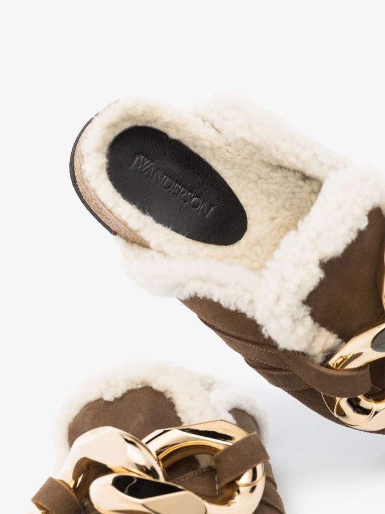 Brown Chain Shearling Mules