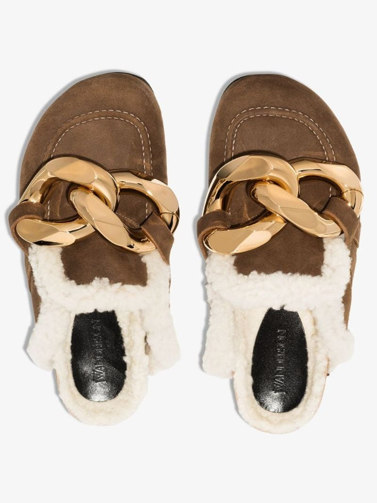 Brown Chain Shearling Mules