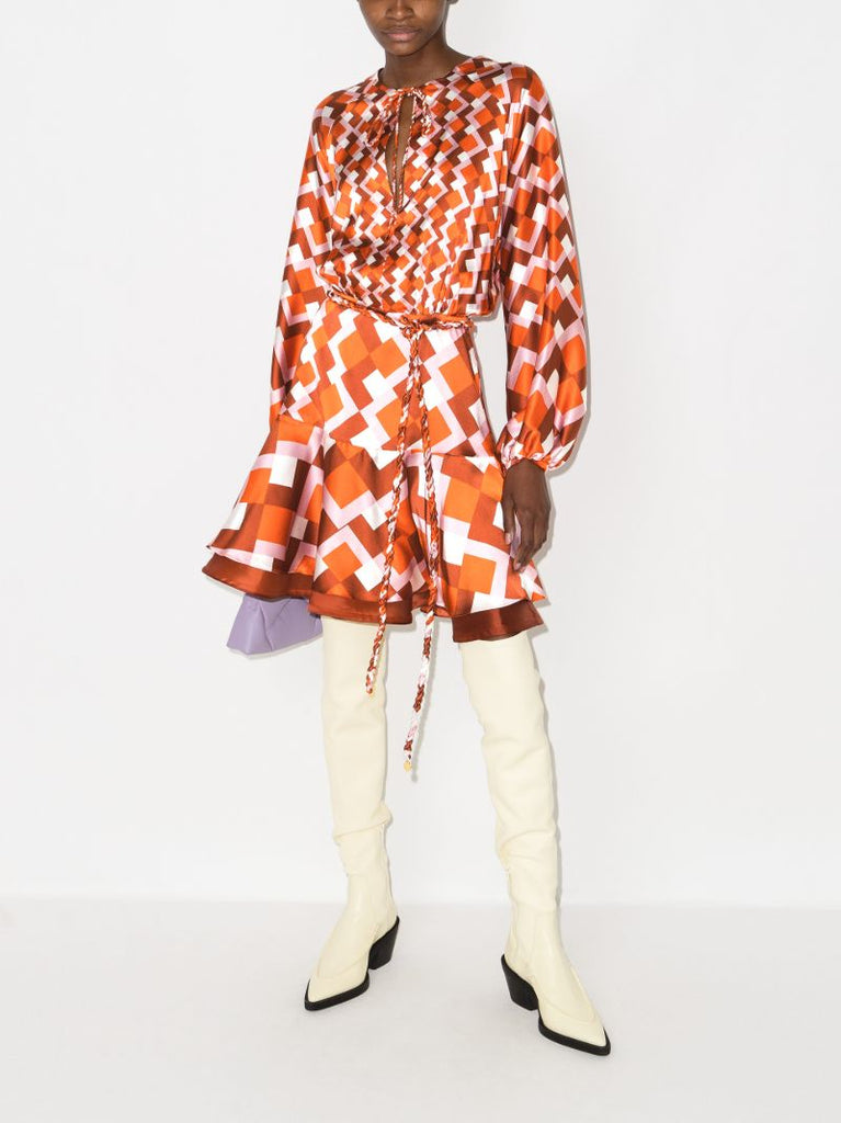 Poggo Geometric Print Silk Dress