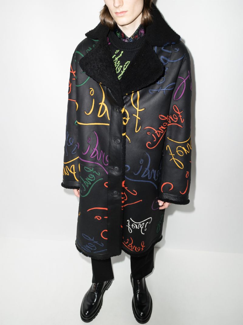 X Noel Fielding Logo Jacquard Reversible Shearling Coat