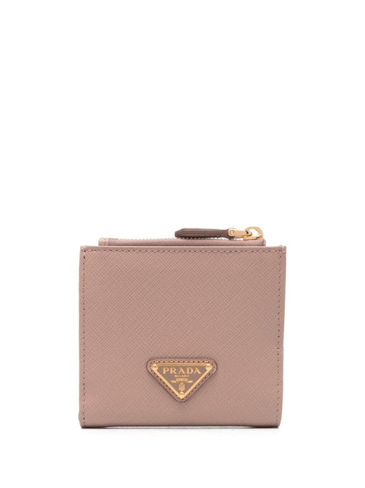 Pink Logo Plaque Textured Leather Wallet