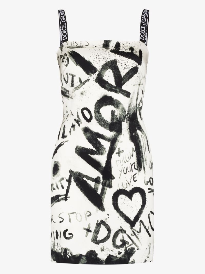 Graffiti Print Silk Mini Dress