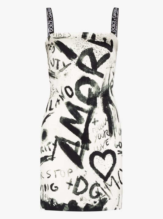 Graffiti Print Silk Mini Dress