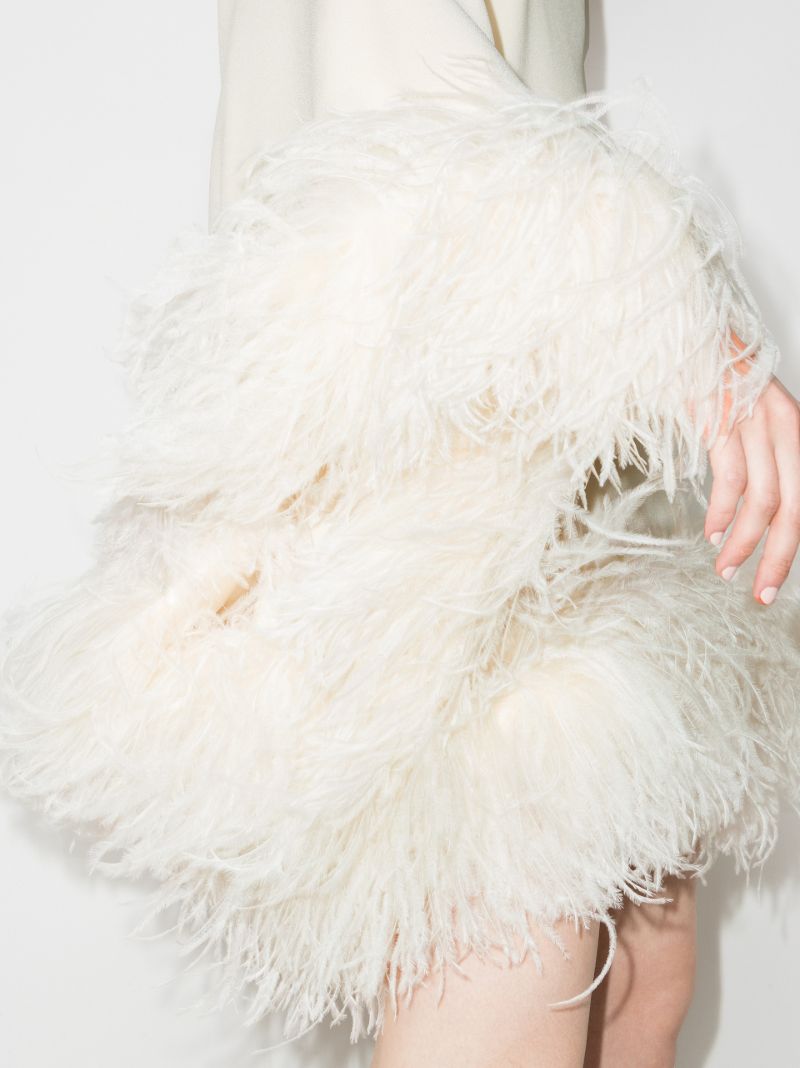 Neutral Piccolo Asymmetric Feather-trim Mini Dress