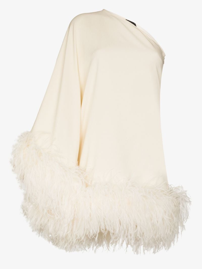 Neutral Piccolo Asymmetric Feather-trim Mini Dress