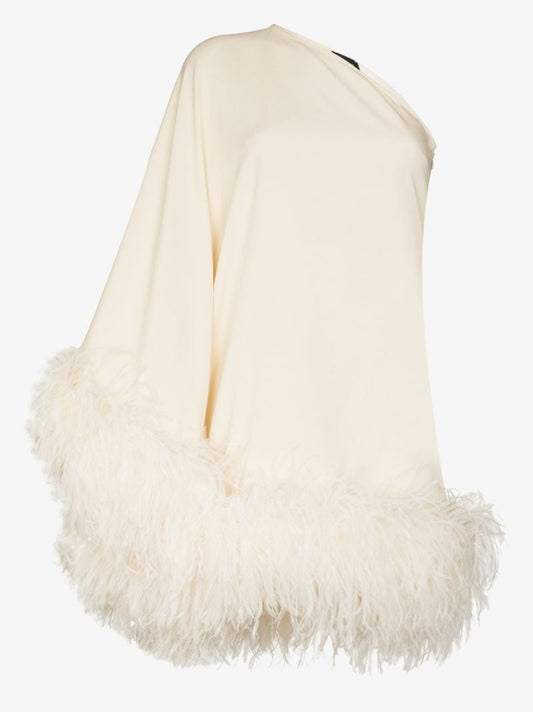 Neutral Piccolo Asymmetric Feather-trim Mini Dress
