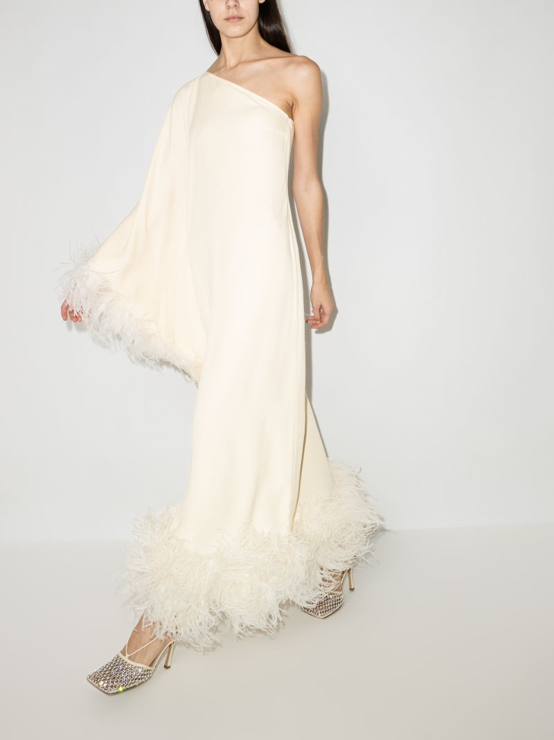 Neutral Ubud One Shoulder Feather-trim Gown