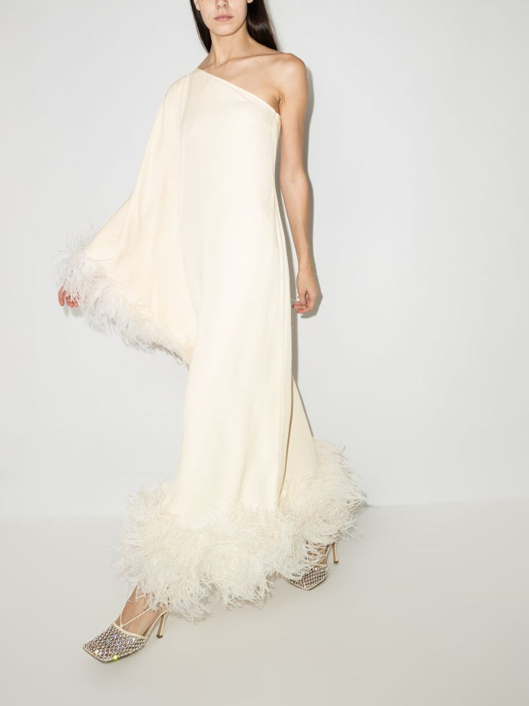 Neutral Ubud One Shoulder Feather-trim Gown