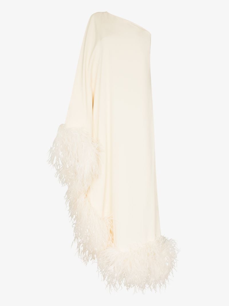 Neutral Ubud One Shoulder Feather-trim Gown