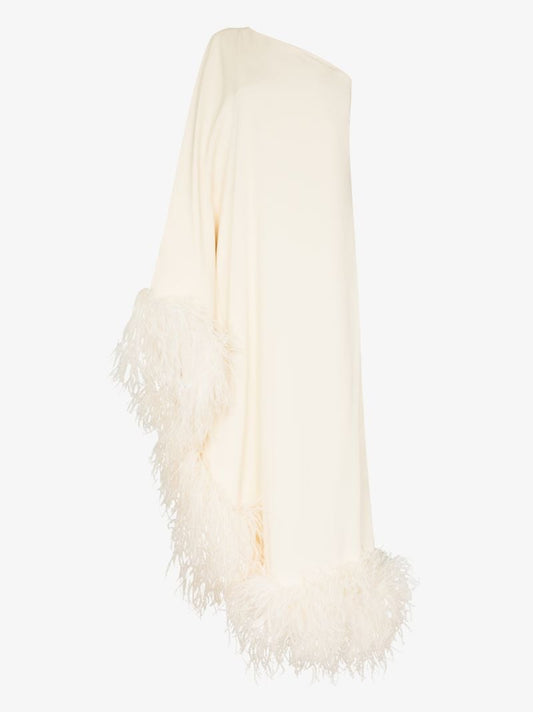Neutral Ubud One Shoulder Feather-trim Gown
