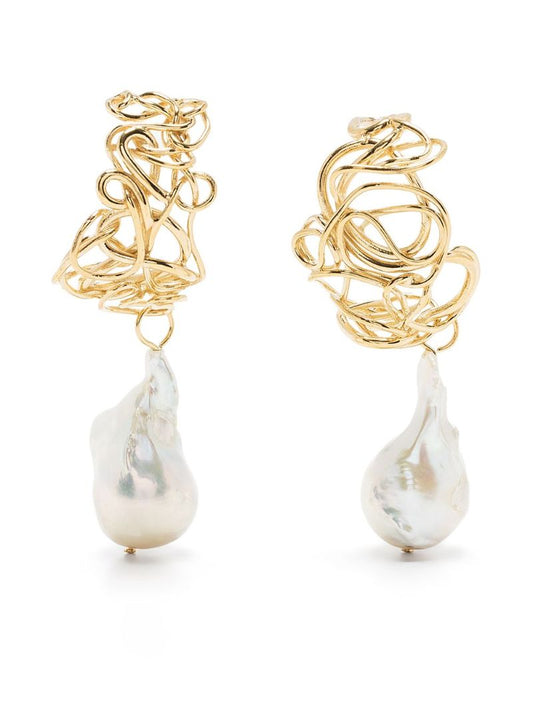 Gold-plated Squiggle Pearl Drop Earrings