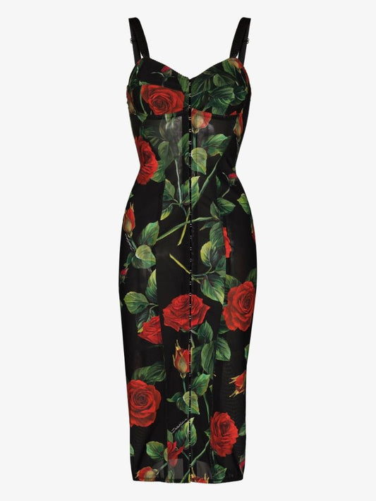 Rose Print Bustier Midi Dress
