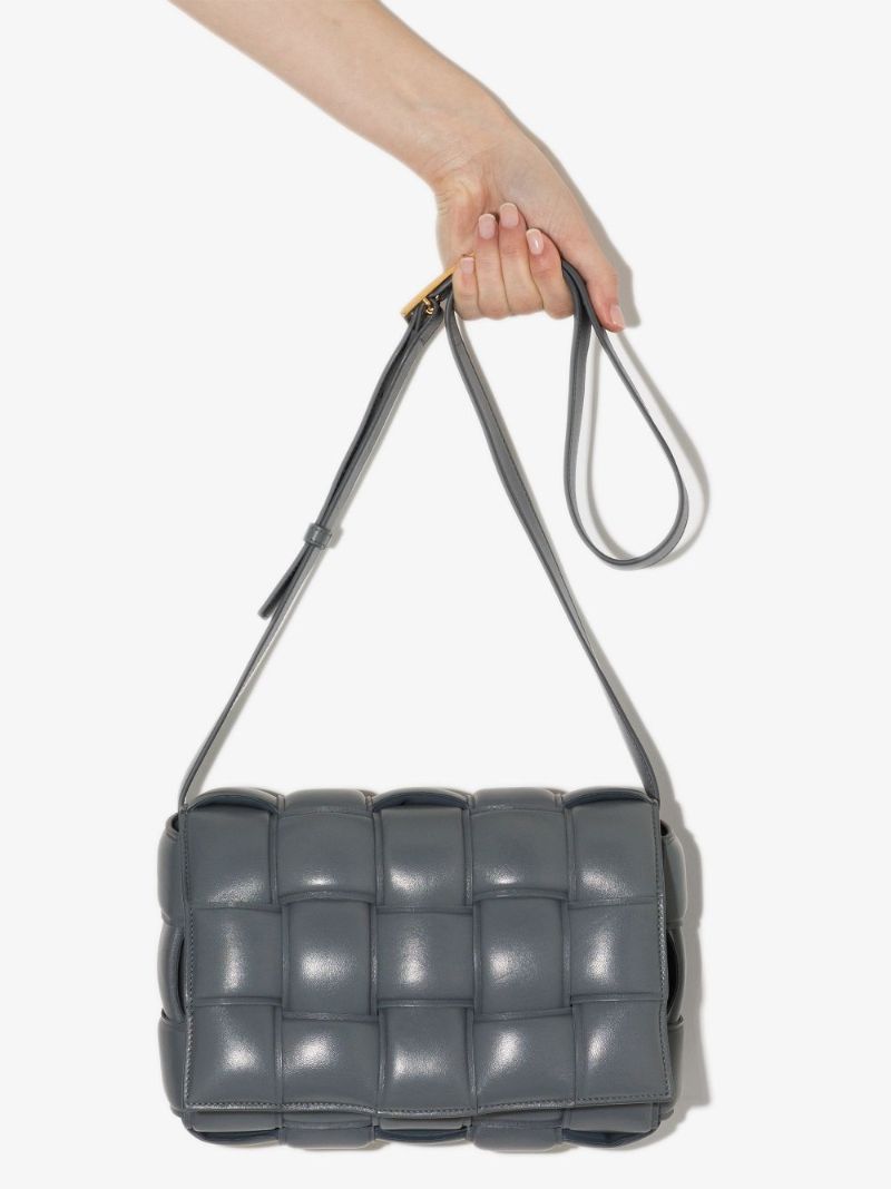 Grey Padded Cassette Leather Shoulder Bag
