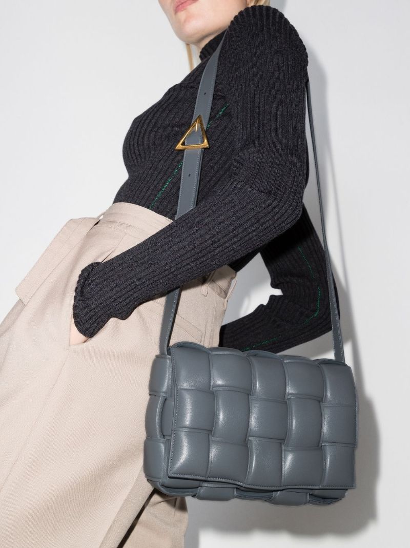 Grey Padded Cassette Leather Shoulder Bag