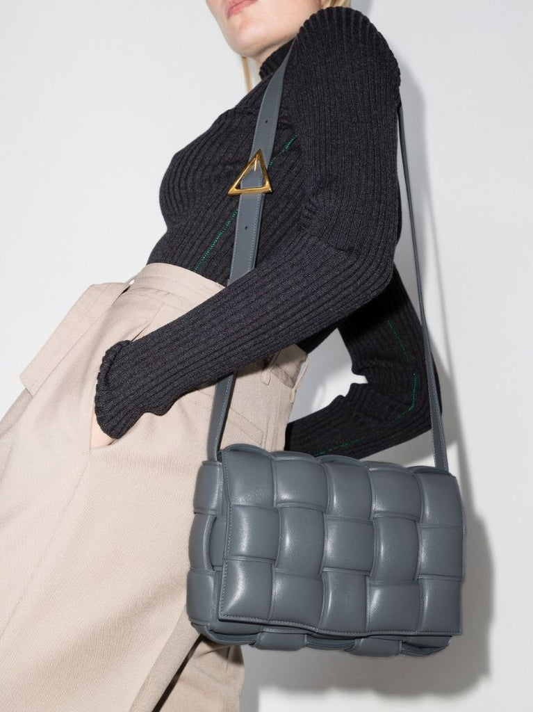 Grey Padded Cassette Leather Shoulder Bag