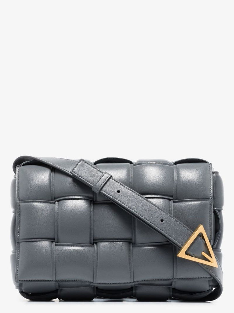 Grey Padded Cassette Leather Shoulder Bag