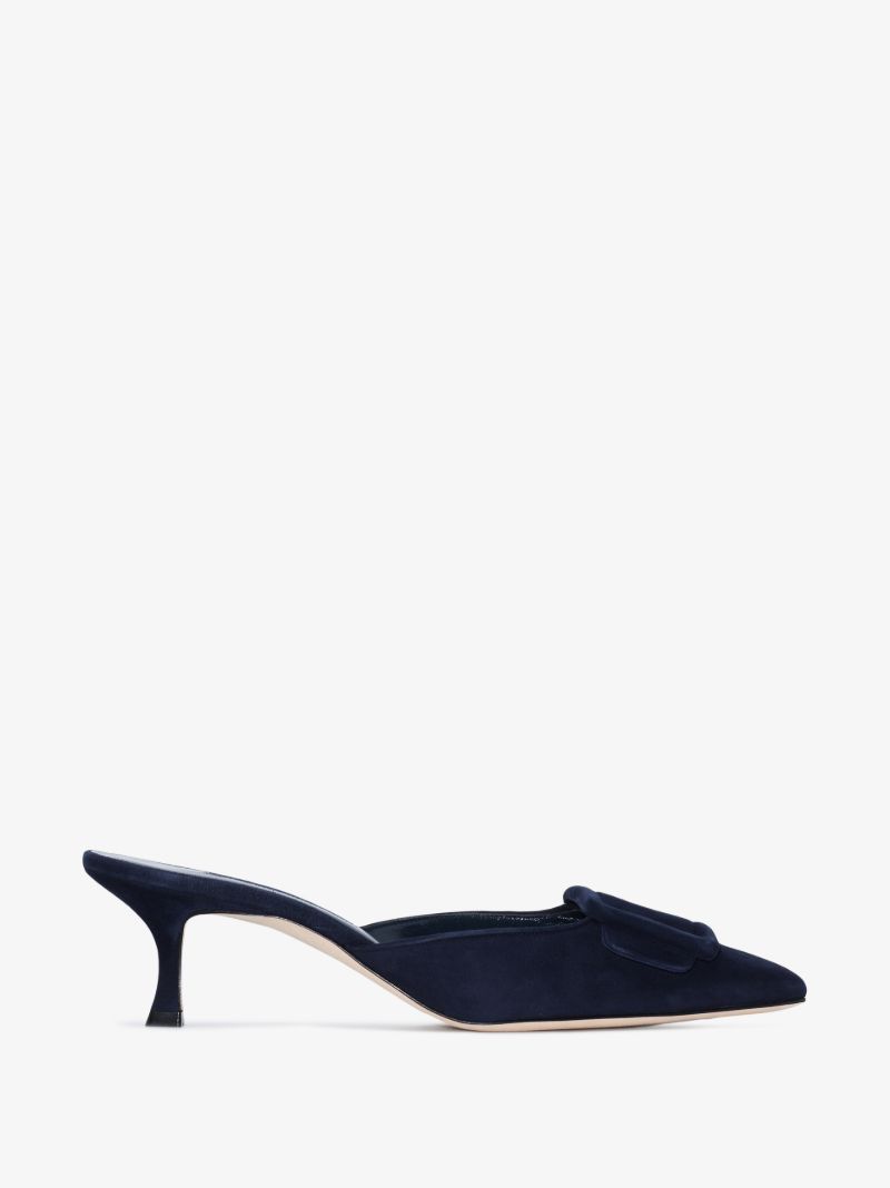 Navy Blue Suede Buckle Detail Mules