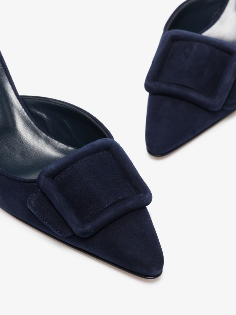 Navy Blue Suede Buckle Detail Mules