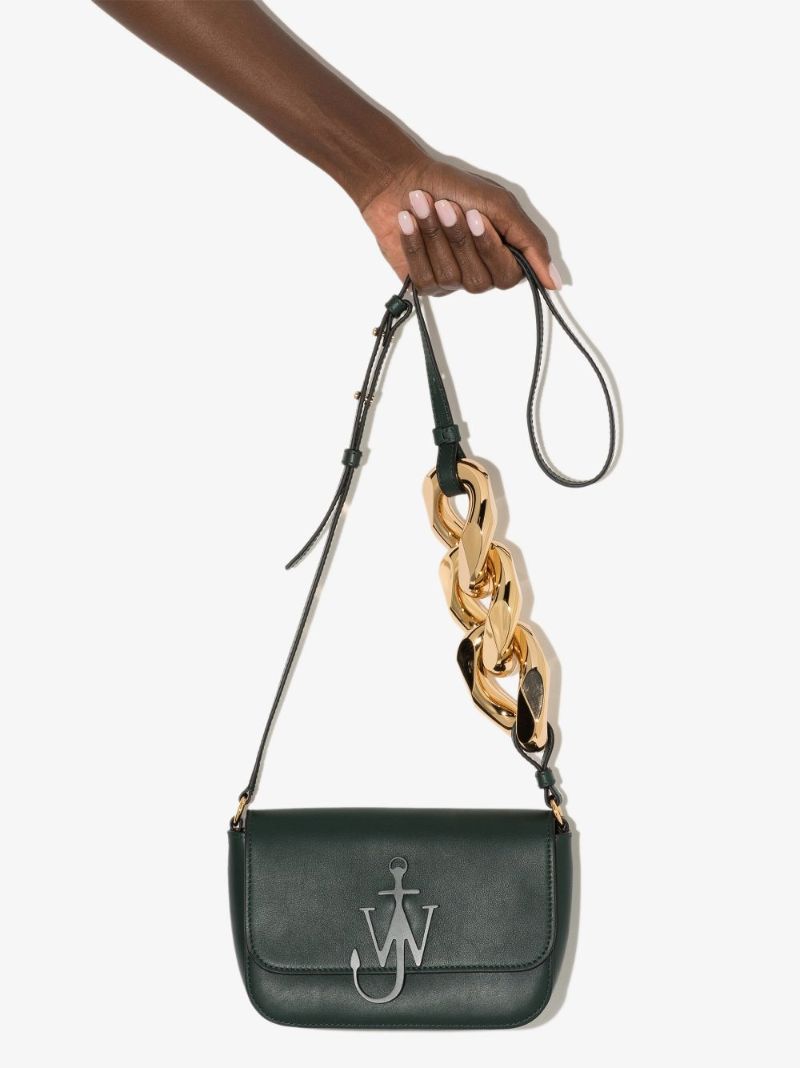 Green Chain Anchor Midi Leather Cross Body Bag