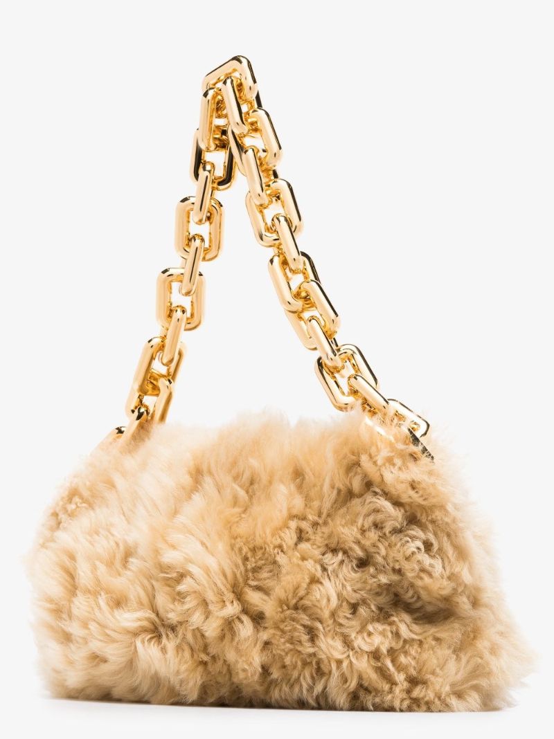 Neutral Chain Pouch Shearling Clutch Bag