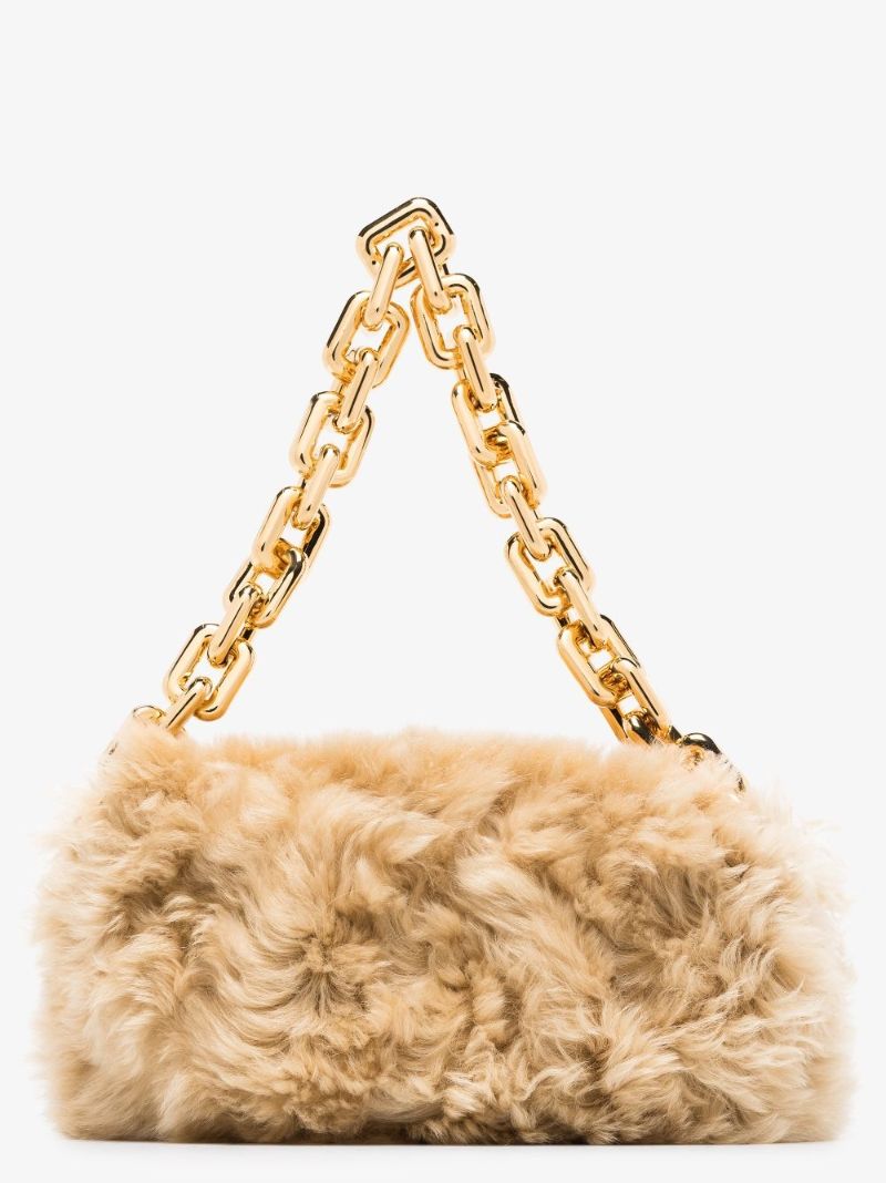 Neutral Chain Pouch Shearling Clutch Bag