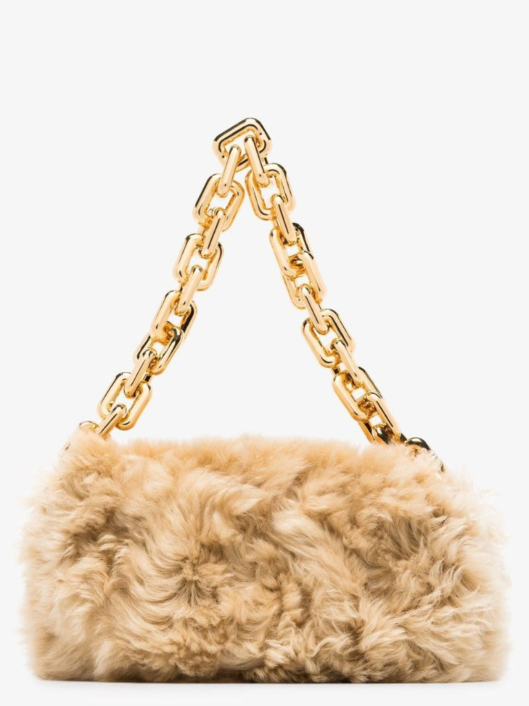 Neutral Chain Pouch Shearling Clutch Bag