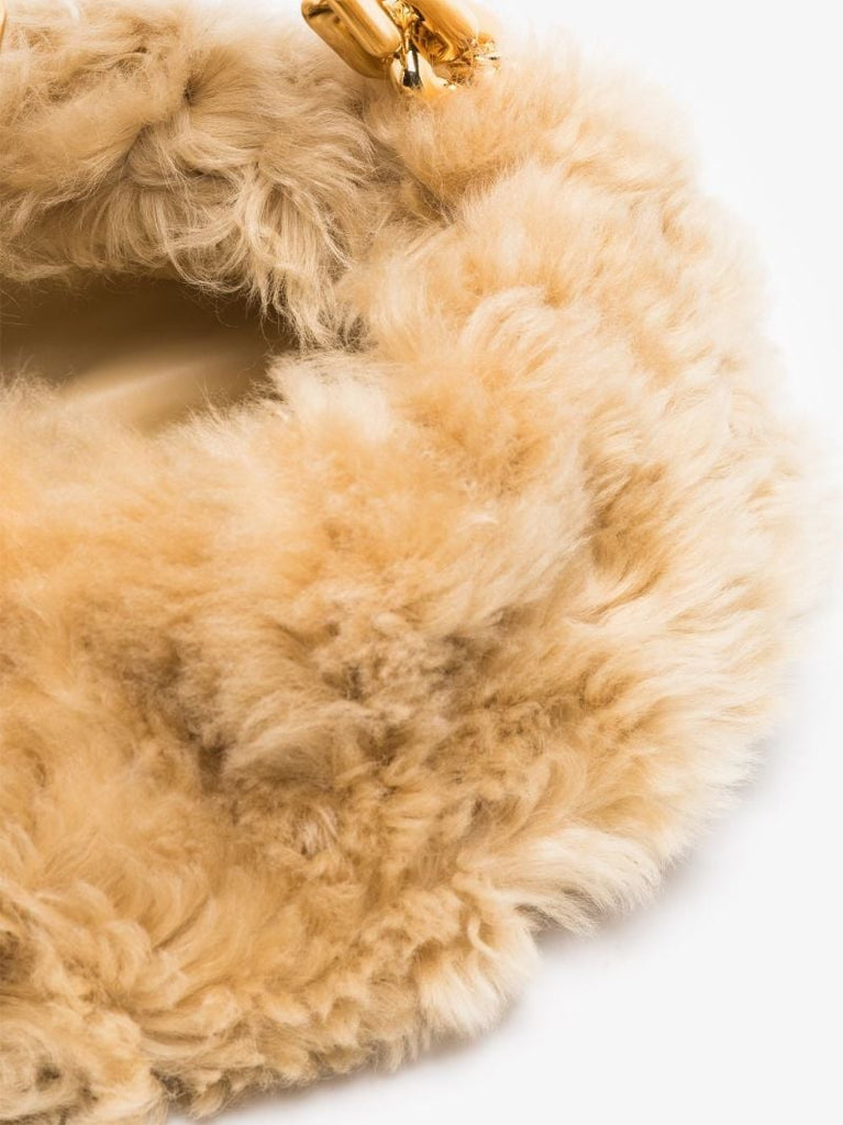 Neutral Chain Pouch Shearling Clutch Bag