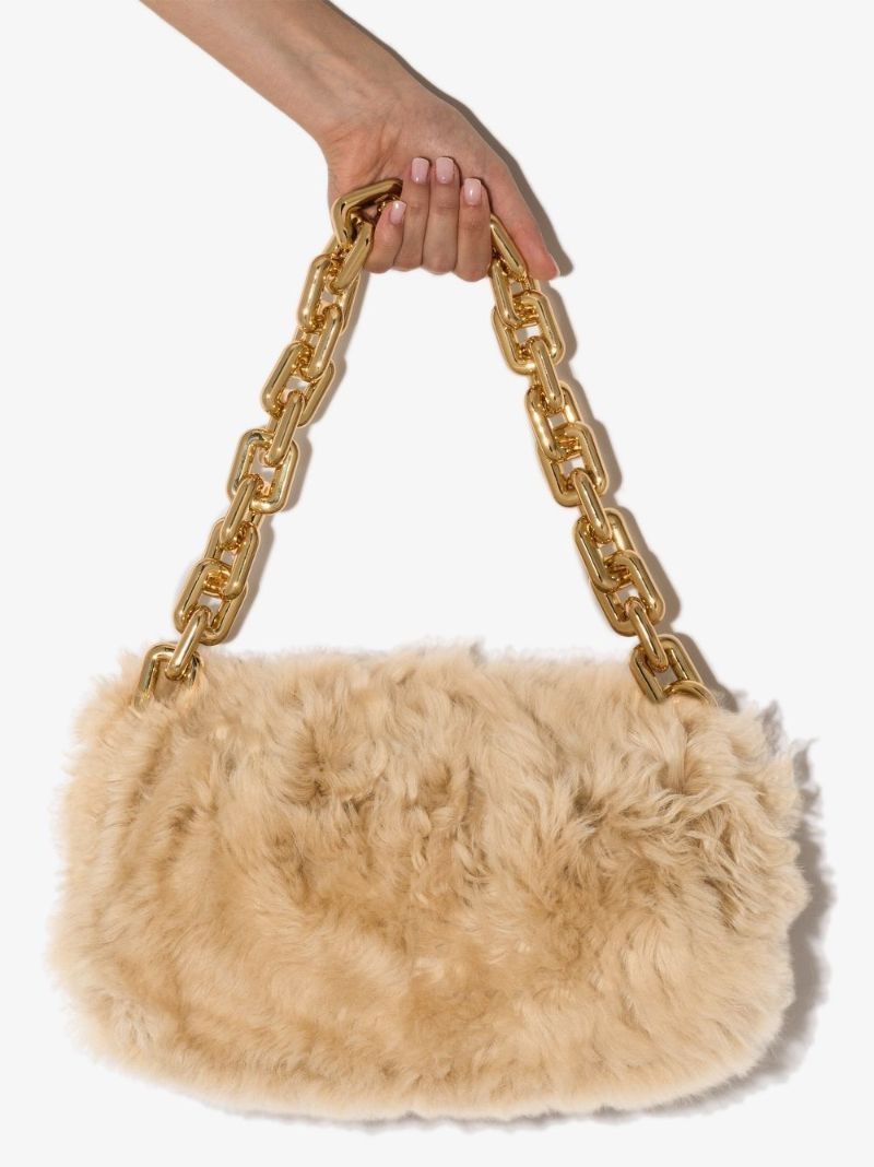 Neutral Chain Pouch Shearling Clutch Bag