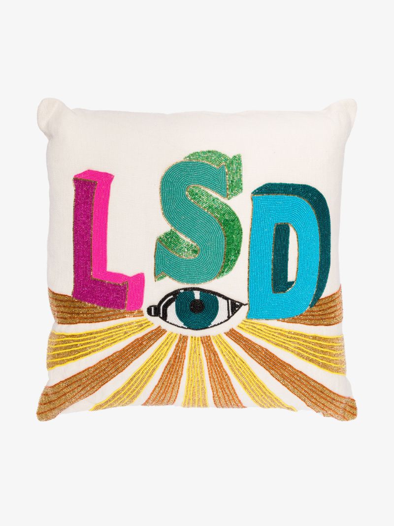 Neutral Lsd Beaded Linen Cushion