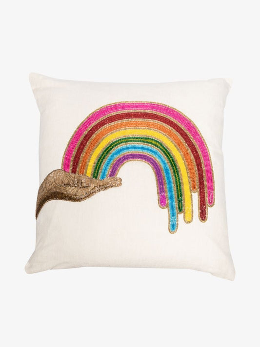 Neutral Rainbow Beaded Linen Cushion