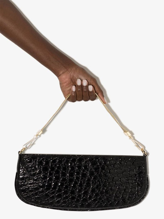 Black Beverly Embossed Leather Baguette Bag
