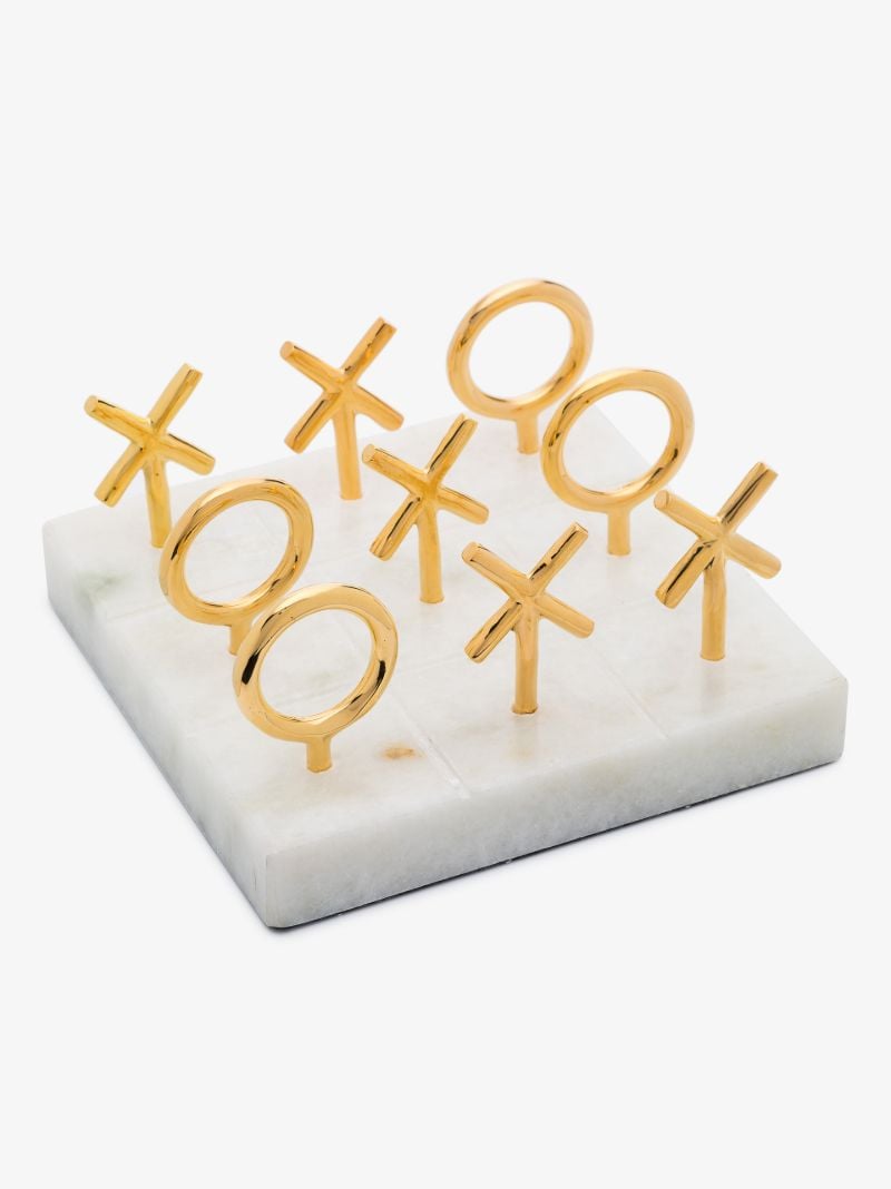 Gold-tone and White Marble Tic-tac-toe Set