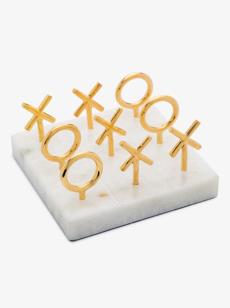 Gold-tone and White Marble Tic-tac-toe Set