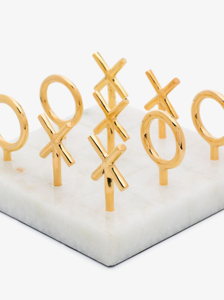 Gold-tone and White Marble Tic-tac-toe Set