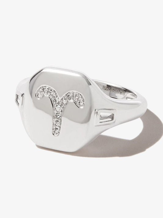 18k White Gold Aries Diamond Signet Ring