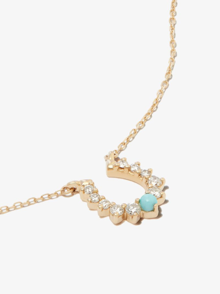 14k Yellow Gold Horseshoe Turquoise and Diamond Necklace