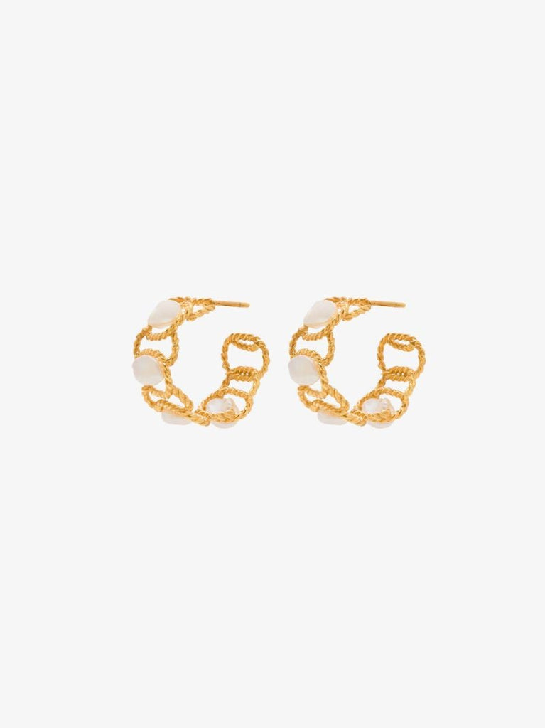 Gold Tone Modern Vintage Pearl Hoop Earrings