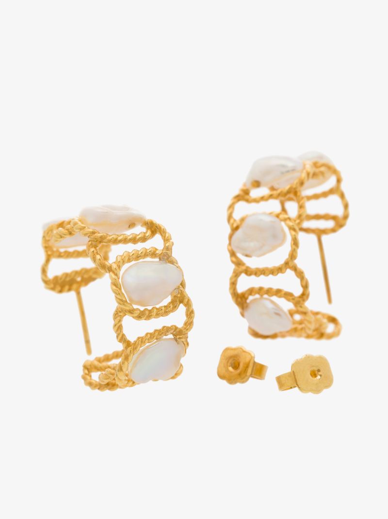 Gold Tone Modern Vintage Pearl Hoop Earrings