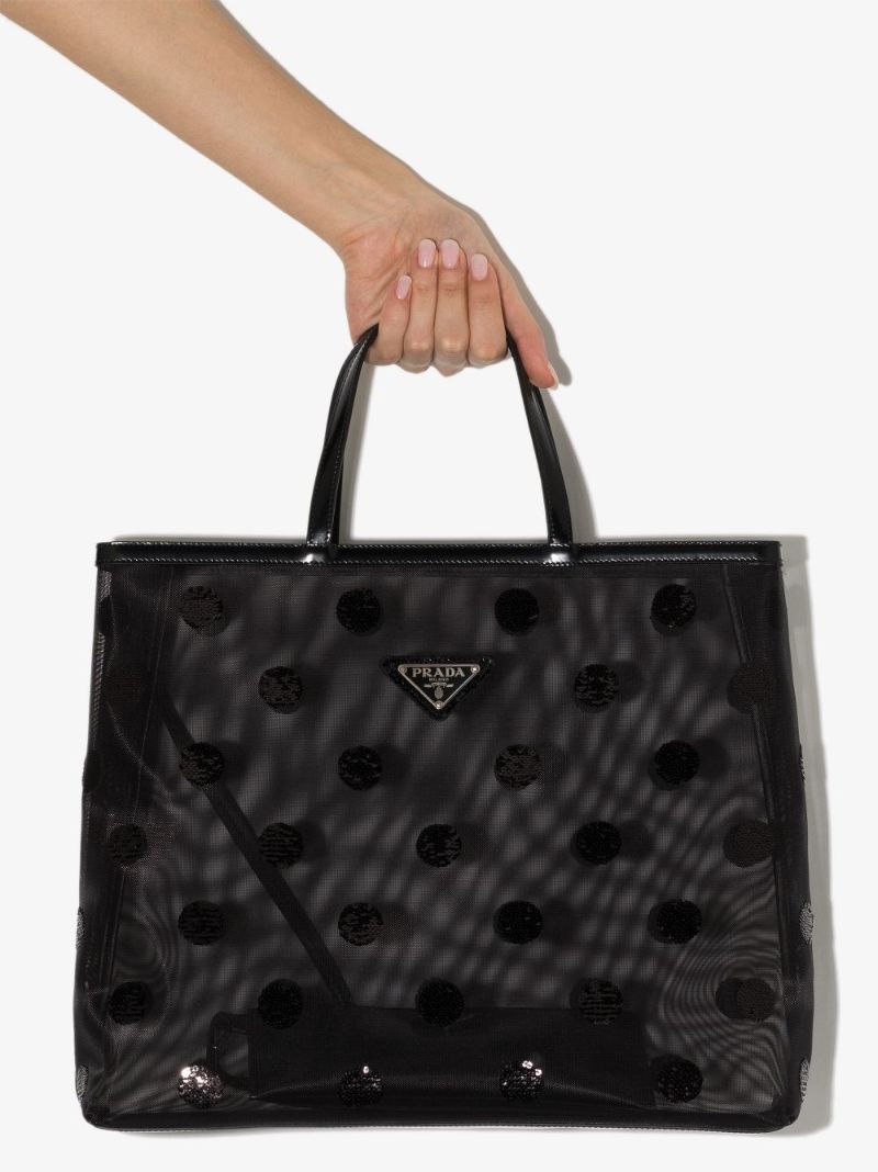 Black Sequin Polka Dot Mesh Tote Bag