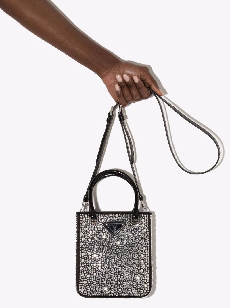 Black Small Crystal Embellished Leather Tote Bag