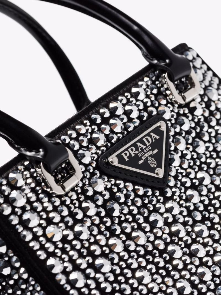 Black Small Crystal Embellished Leather Tote Bag
