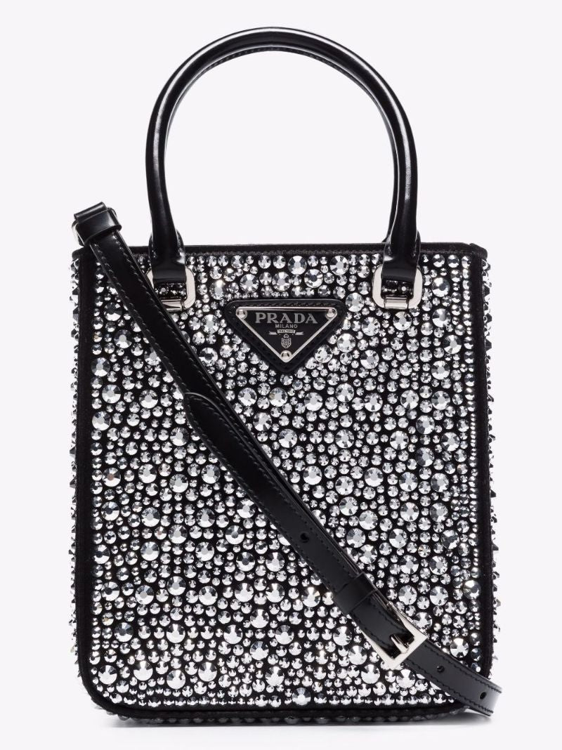 Black Small Crystal Embellished Leather Tote Bag