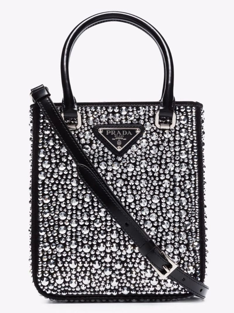 Black Small Crystal Embellished Leather Tote Bag