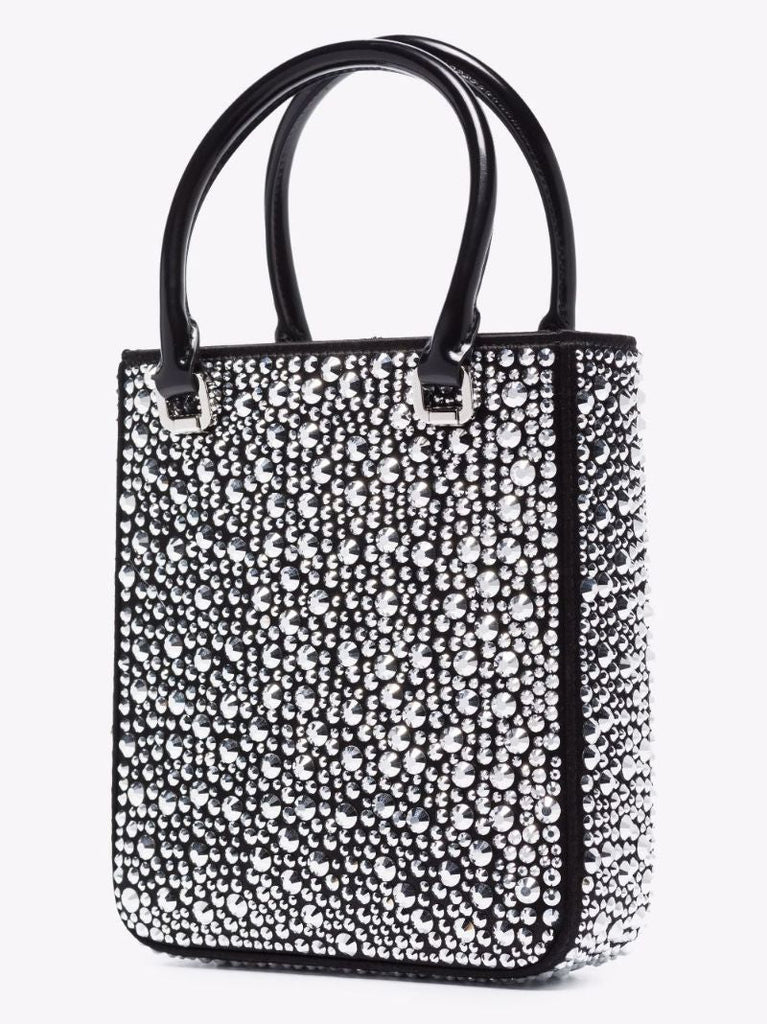 Black Small Crystal Embellished Leather Tote Bag