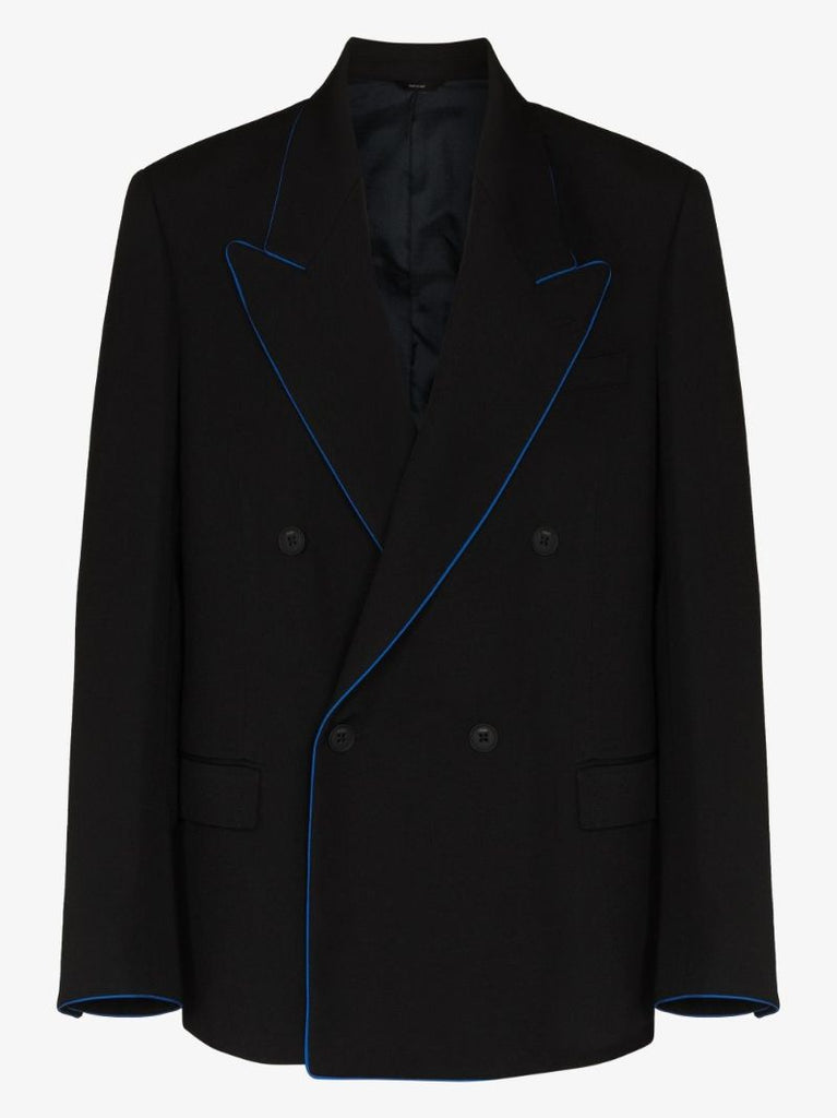 Piped Double-breasted Wool Blazer