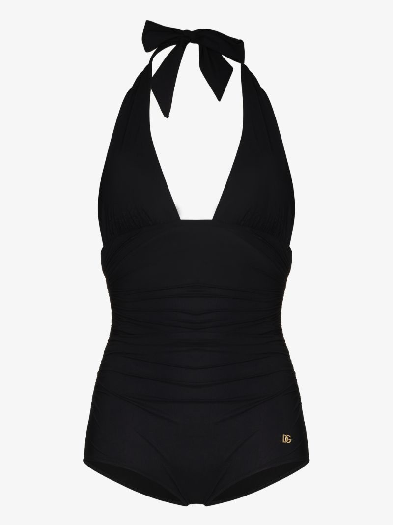 Black Deep V-neck Halterneck Swimsuit