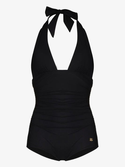 Black Deep V-neck Halterneck Swimsuit