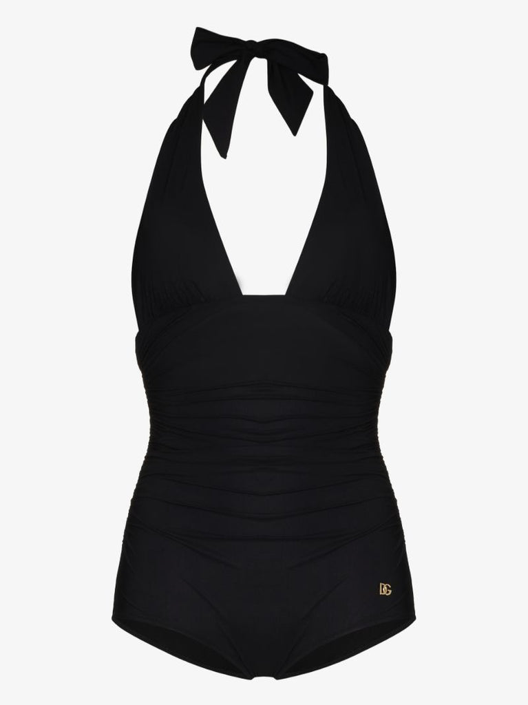 Black Deep V-neck Halterneck Swimsuit